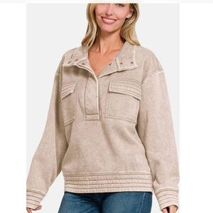 NEW IN POLY BAG Zenana Acid Washed Latte Colored 1/2 Snap Sweatshirt MEDIUM
